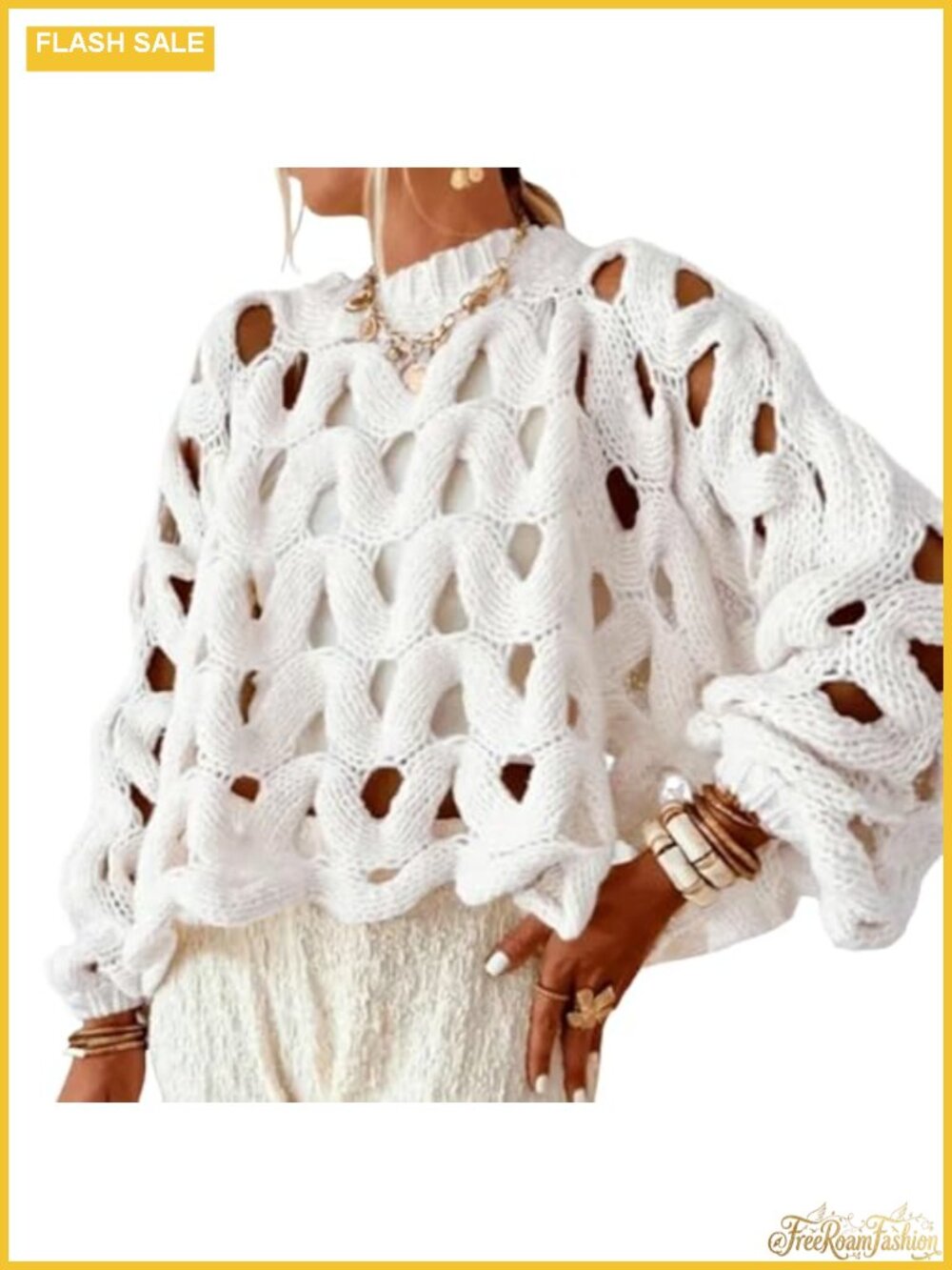 Crochet Hollow Out Chunky Pullover Sweater Oversized Long Sleeve Crew Neck
